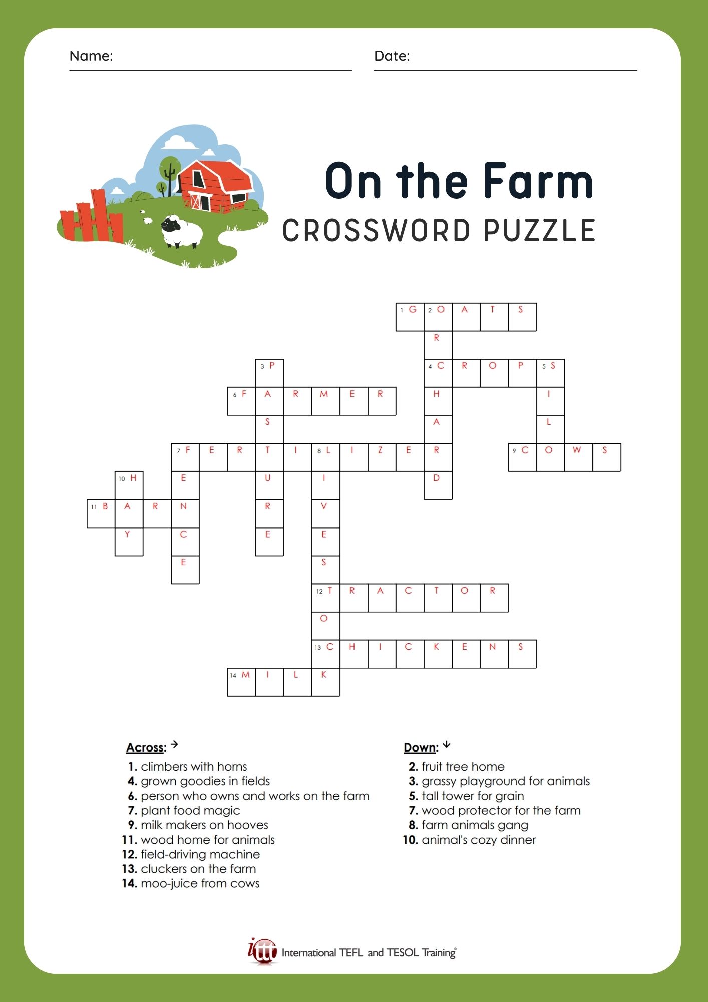 EFL On the Farm Vocabulary Crossword Puzzle ️ ️ ️ ITTT
